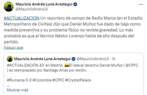 El mensaje de Néstor Lorenzo con la lesión de Daniel Muñoz en Colombia Foto: Captura de X