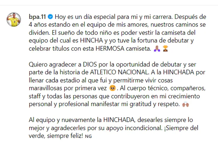 El mensaje de Brahian Palacios en su cuenta de Instagram hace algunas horas - Captura de pantalla @bpa.11