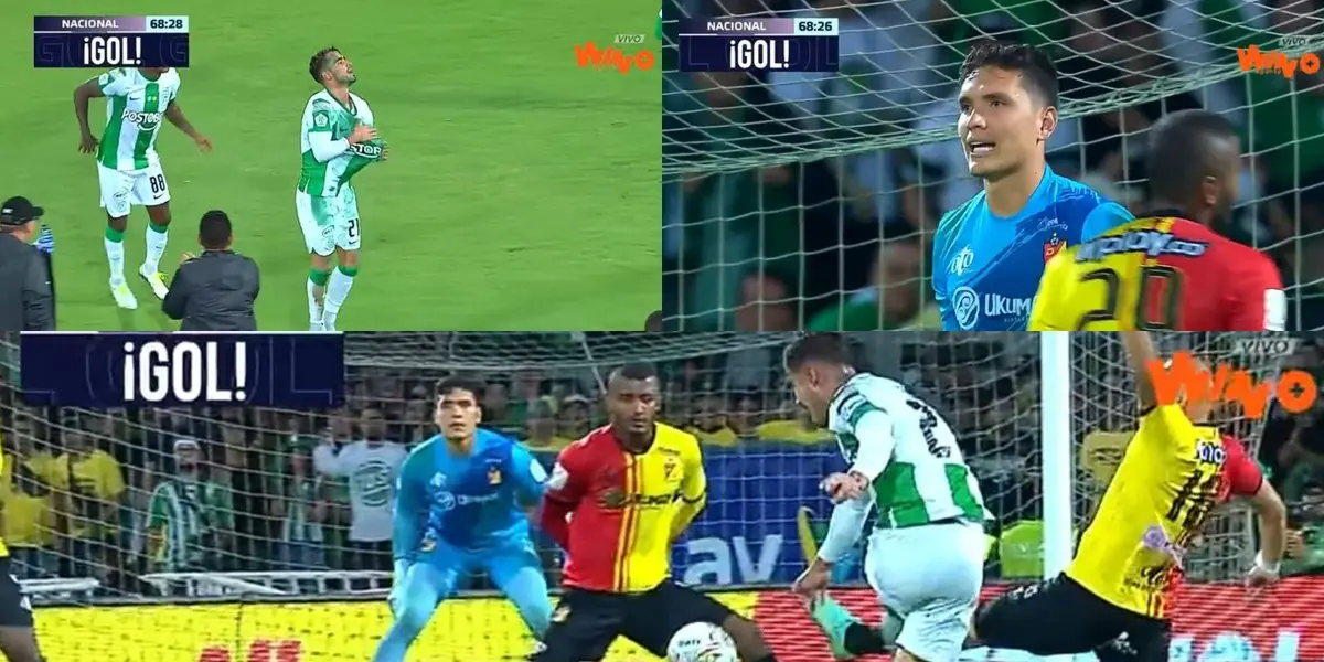 Aldair Quintana fue humillado por partida doble por parte de Tomás Ángel de Atlético Nacional.