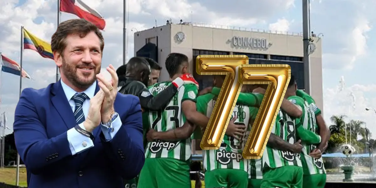 Alejandro Domínguez, presidente de la CONMEBOL, y los jugadores de Atlético Nacional esta temporada Foto: Conmebol y Futbolred