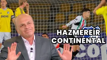 Carlos Antonio Vélez y al fondo, la victoria de Palestino frente a Millonarios en Chile Foto: Win Sports y AFP