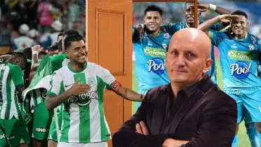 Jefferson Duque, atacante de Atlético Nacional y Pablo Repetto en la previa ante Jaguares de Córdoba