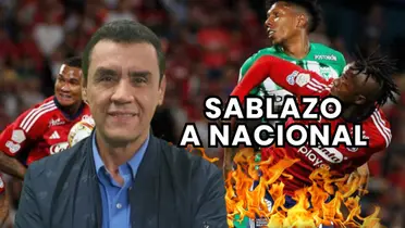 Pacho Vélez, periodista colombiano y al fondo la ultima edición del clásico paisa Foto: ESPN y El Colombiano